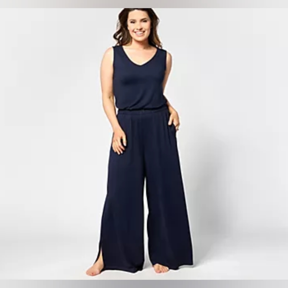 BumbleBella Jumpsuit With Pockets, V-neck, Stretch Waist, Navy Blue, Woman's 1x